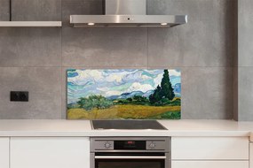 Szklany Panel Pole Pszenicy z Cyprysami - Van Gogh