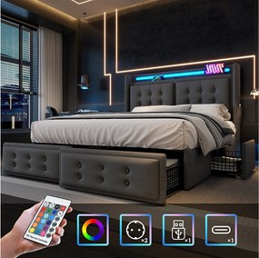 Łóżko tapicerowane 160 x 200 cm z 4 szufladami, zagłówkiem LED, gniazdem USB Type-C - Tkanina bawełniana - Szare (bez materaca)