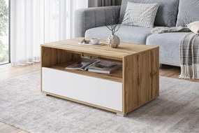 Nowoczesny stolik kawowy do salonu, prostokątny z półką i schowkiem, 90 cm, dąb wotan, biały mat
