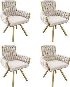 Zestaw 4 aksamitnych krzeseł do jadalni, obrotowych 360°, wysokie oparcie z podłokietnikami, metalowa podstawa – beżowy