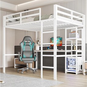 Łóżko piętrowe dla dzieci - 140 x 200 cm - z półkami do przechowywania + biurkiem z gniazdkiem + USB - Metal + MDF - biały