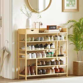 HOMCOM Regał na buty, stojak na obuwie z 6 półkami, szuflada z bambusa, dla maks. 18 par butów, regał do korytarza, sypialni, 101 x 30 x 100 cm, naturalny