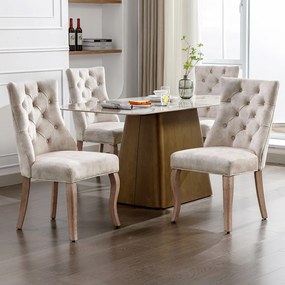 Zestaw 4 krzeseł do jadalni - jasnobeżowy aksamit - oparcie tapicerowane - dekoracja guzikami - nogi drewniane