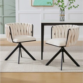 Zestaw 2 krzeseł do jadalni z aksamitu w kolorze kości słoniowej z funkcją obrotową i czarnymi metalowymi nogami