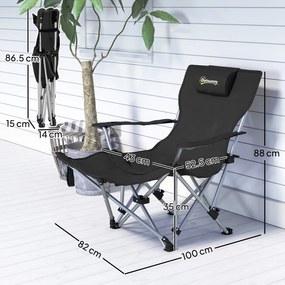 Outsunny Zestaw 2 składanych krzeseł kampingowych z odpinanym podnóżkiem, podgłówkiem i uchwytem na napoje, nośność 120 kg, Czarne