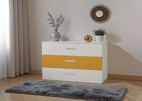 Komoda Alone 3-szufladowa w kolorze kaszmir z jedną szufladą w kolorze żółtym, oliwkowym, różowym, niebieskim