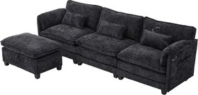 Sofa 3-osobowa z pufem - Narożnik z uchwytem na telefon i kieszeniami bocznymi - czarna tkanina szenilowa