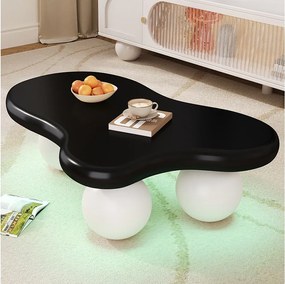 Czarny stolik kawowy - Stolik kawowy z oświetleniem LED i białymi okrągłymi nogami - wzór w kształcie chmurki - do salonu i pokoju dziecięcego