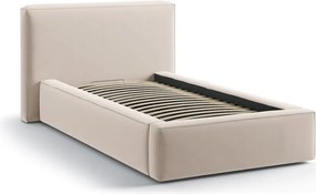 Beżowe tapicerowane łóżko jednoosobowe ze schowkiem ze stelażem 90x200 cm Jodie – Micadoni