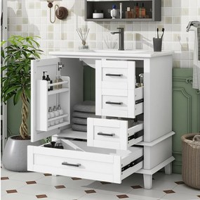 Stojąca szafka pod umywalkę pojedyncza - 76 x 46 x 83,5 cm - z umywalką ceramiczną - ze schowkiem - Ceramika + MDF - biała (Bateria nie jest dołączona)