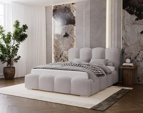 BESILIO Łóżko tapicerowane 160x200 Fluffy – łóżko chmurka boucle, z pojemnikiem na pościel i stelażem, gruba pianka, nowoczesne łóżko do sypialni – Jasnoszary