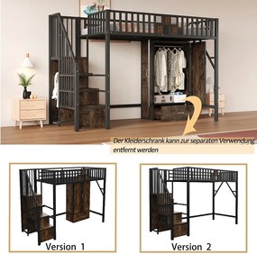 Łóżko piętrowe metalowe - 90 x 200 cm - z szafą + szufladą + drabinką - metal + drewno - czarne