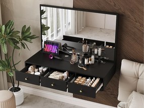 Podwieszana toaletka z lustrem 100x45x105 cm - z 3 szufladami i gniazdkiem elektrycznym - z miejscem na tablet i uchwyt na kubek - Czarny