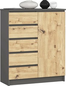 Komoda AKORD K80 Grafit Szary 80 cm 1 drzwi 5 szuflad kolor Dąb Artisan mat 3 półki 80x35x97 cm
