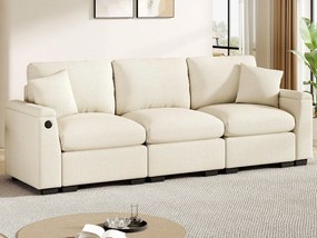 Kanapa 3-miejscowa nowoczesna - z poduszkami i stolikiem składanym - zawiera porty USB i uchwyt na napoje - tkanina typu chenille - beżowy