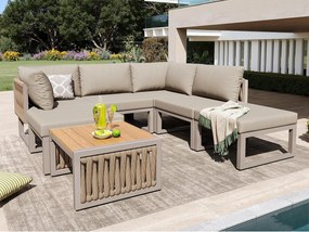 Salon ogrodowy, zestaw mebli, lin, na 5 osób - kanapa narożna - stolik kawowy i drewniany blat - z żelaza ocynkowanego, Beżowy