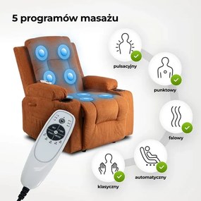 Fotel Masujący BOX Rozkładany Wypoczynkowy z Podnóżkiem Rudy Sztruksowy Japandi