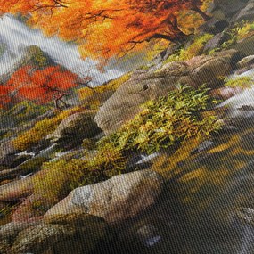 Obraz - Wodospady w jesiennym krajobrazie, pomarańczowy (z zegarem) (90x30 cm)