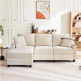 Sofa 3-osobowa z podnóżkiem - 213,5 x 139 x 87 cm - z 2 poduszkami - aksamit - beż