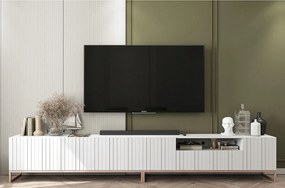 Szafka RTV z 7 drzwiami i wnęką – korpus Biały mat, ryflowane fronty Biały mat – 300 cm, metalowy stelaż