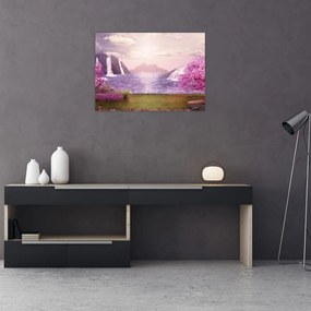 Obraz na szkle - różowe drzewa z jeziorem (70x50 cm)