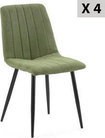 Zestaw 4 krzeseł Sagi pokrytych zieloną tkaniną.