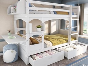 Łóżko piętrowe z drewna i płyty MDF - 90x200 cm - z 2 szufladami i składanym biurkiem - Białe (bez materaca)