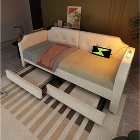 Łóżko dziecięce 90x200 cm - z 2 szufladami, USB typu C, stelaż - aksamit Beż - bez materaca