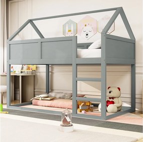 Łóżko piętrowe 90x200 cm - łóżko dziecięce ze schodkami i drewnianą ramą - szare - bez materaca