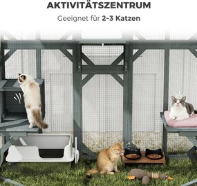 PawHut Wybieg dla kota na zewnątrz z wejściem drewniany domek dla kota z 4 platformami wodoodporny dach Oxford 2-3 koty do 8 kg | Aosom PL