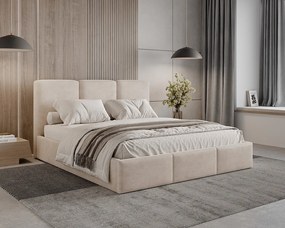 BESILIO Łóżko tapicerowane z pojemnikiem 200x200 Elora - Łóżko slim, ozdobne wezgłowie, stelaż metalowy- Beżowy