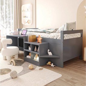 Łóżko dziecięce 90 x 200 cm z pojemnikiem + biurko z gniazdkami - drewno - kolor szary