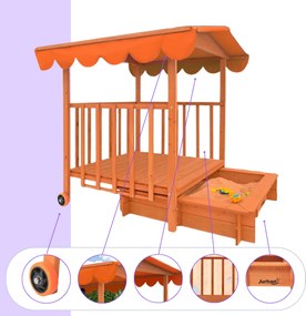 Piaskownica z werandą HAPPY, 130x130x143cm, brązowa/pomarańczowa Jurhan