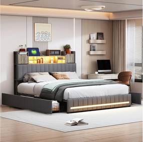 Łóżko 140 x 200 cm z zagłówkiem LED i USB, 4 szuflady, stelaż z listew, len, kolor szary