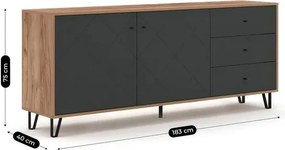 Komoda Dwudrzwiowa z Szufladami BACARDI 183 cm Dąb Craft Tobacco/Grafit Loft