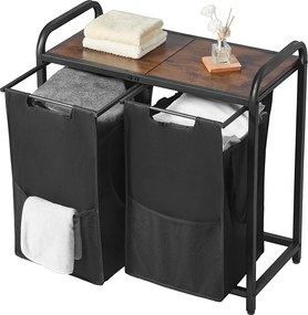 Kosz na Pranie SucceBuy Kosz na Pranie z 2 Przegródkami, Organizer na Pranie z Wyjmowanymi Workami z Tkaniny Oxford 600D, Metalową Ramą i Drewnianym Blatem