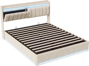 Łóżko z pojemnikiem na pościel o wymiarach 140x200 cm, w kolorze beżowego aksamitu, z oświetleniem LED RGB, zagłówkiem ze schowkiem oraz portami USB i USB-C