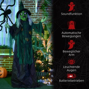 HOMCOM Czarownica na Halloween, Dekoracja z Funkcją Dźwiękową, z Sensorem Ruchu i Światłami LED, 60 cm x 18 cm x 183 cm