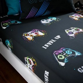 Czarne prześcieradło dziecięce jednoosobowe z gumką 90x190 cm Game Over – Catherine Lansfield