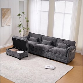 Sofa 3-osobowa, sofa narożna z portem USB, kieszeniami bocznymi i uchwytem na telefon - Szary szenil