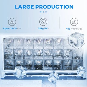 HOMCOM Komercyjna kostkarka do lodu 30 kg/24H wolnostojąca z 4 kg pojemnikiem, funkcją samoczyszczenia, timerem, stal, czarna | Aosom PL