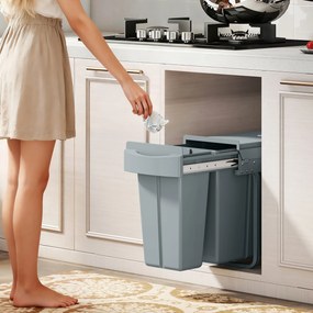 HOMCOM Wysuwany kosz na śmieci, kuchenny pojemnik na odpady z 2 wyjmowanymi kubełkami, uchwyt, 30 litrów (20 l+10 l), metal, szary