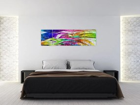 Obraz - Mur z cegły z kolorowymi płomieniami (170x50 cm)