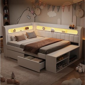 Łóżko dziecięce z pojemnikiem na pościel - 90 x 200 cm - z portem USB, diodami LED, półką, półką na buty i 2 szufladami - płyta MDF - białe