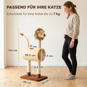 PawHut Drapak 104 cm drzewko dla kota w kształcie lwa, słupki do drapania, tunel, wiszący ogonek do 7 kg, jasnobrązowy | Aosom PL
