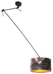 Lampa wisząca czarna z abażurem z aksamitu w kwiaty ze złotem 35 cm - Blitz klasyczny/Antyczny Oswietlenie wewnetrzne
