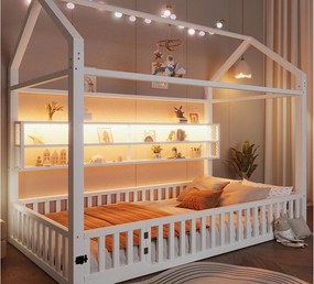 Łóżko dziecięce z metalu 90x200 cm - Wzór domku - z barierką bezpieczeństwa - z oświetleniem LED - Biały (Materac nie jest wliczony w cenę)