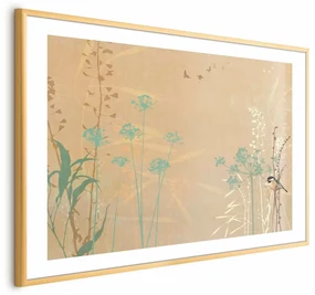 Plakat Ptaszek na łące 90x60 cm z ramą złotą z marginesem ARTGEIST B