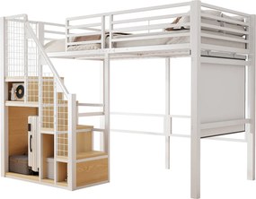 Łóżko mezzanine dla dzieci 90x200cm - z drabiną zabezpieczającą i schowkami - Białe