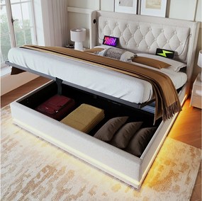 Łóżko ze schowkiem 180 x 200 cm, beżowa bawełna, z diodą LED i portem USB, bez materaca